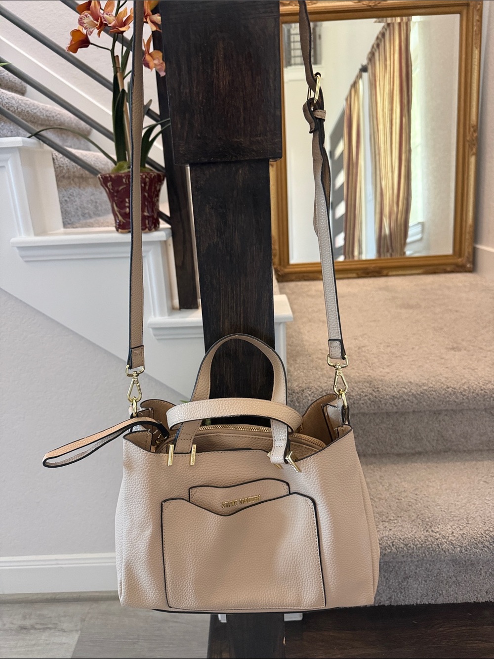 Steve Madden Beige Pebbled Leather Crossbody Satchel